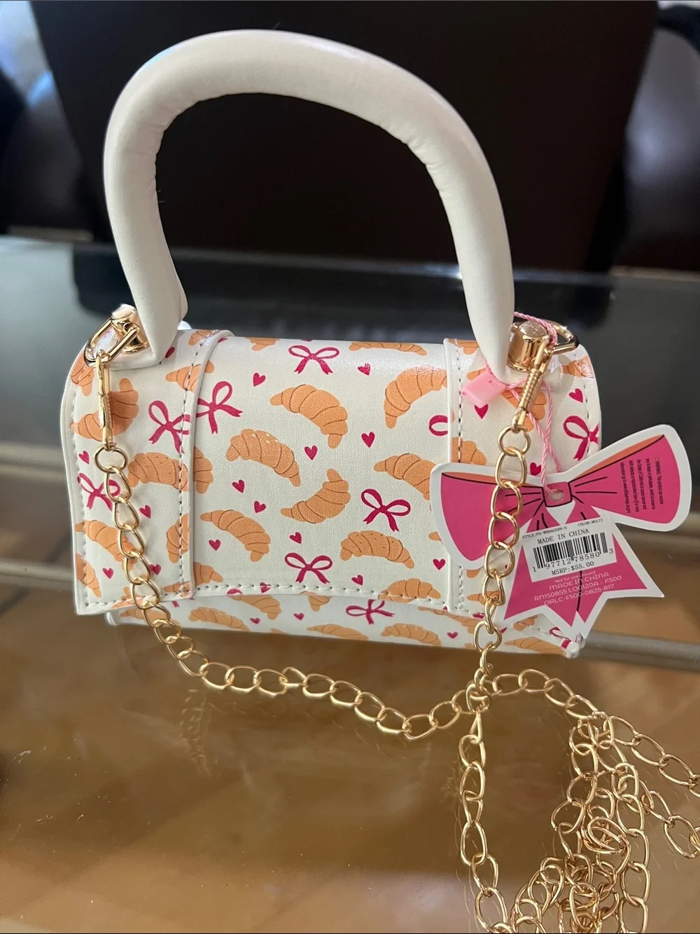 White Croissant Print Kids Mini Handbag with Pink Bow Charm